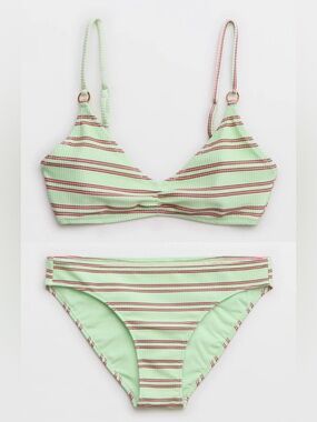 NWT Aerie FULL SET Beach Babe Shine Rib Voop Top + Full Coverage Bottom in Green